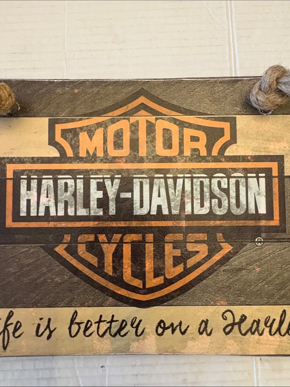 Harley-Davidson Wood Shield Sign in Orange, Black and Cream
